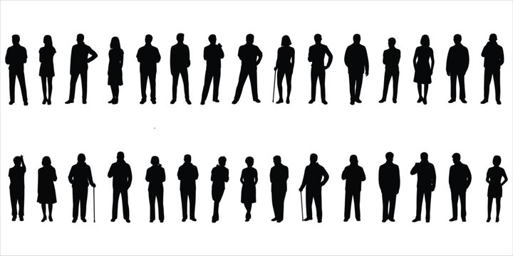 Diverse group of adult male and female silhouettes standing in two rows Keywords: silhouette, people, group, men, women, adults, standing