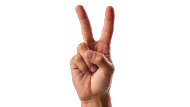 Human hand showing peace sign with index and middle fingers up