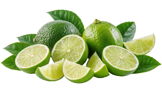 Whole and sliced green limes with leaves