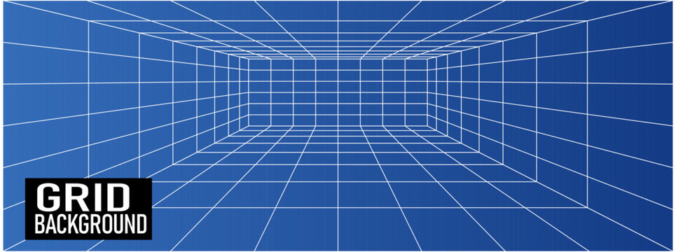 Grid line square for box perspective 3d and wireframe space room. Background wire depth for geometric floor texture and pattern building futuristic. Perspective grid vector for box abstract game.