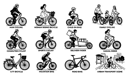 Obraz premium Black and White People Riding Bicycle Line Art Vector Set