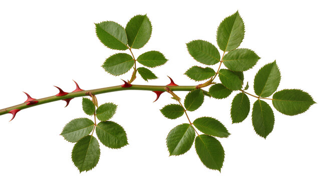 Rose stem with sharp thorns and green serrated leaves