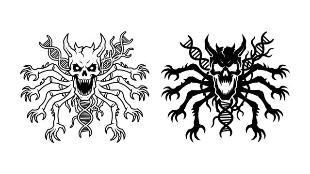 Creature of Genetic Mutation: A menacing, multi-limbed creature with a skull-like face and horns, adorned with DNA helix symbols, depicted in both line art and silhouette.
