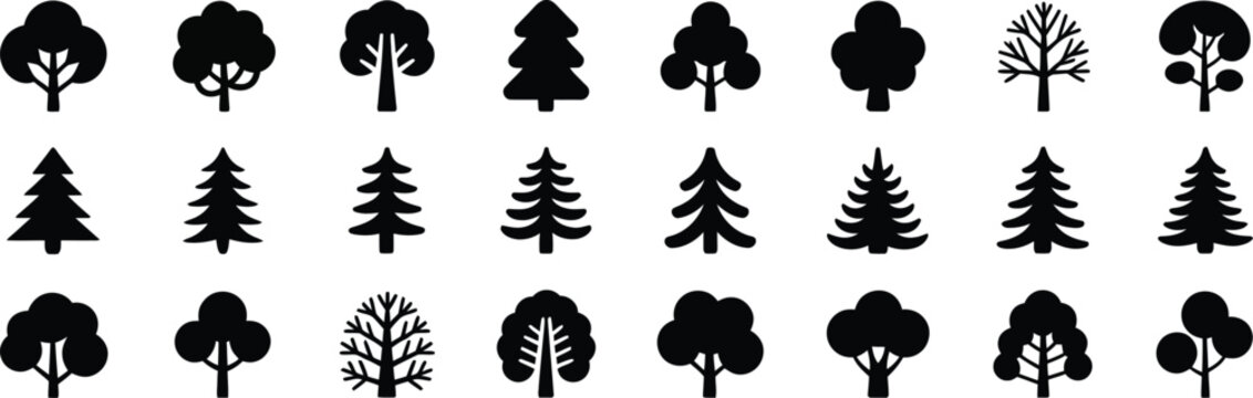 Collection of black silhouette trees and pine trees in different styles on white background conifer