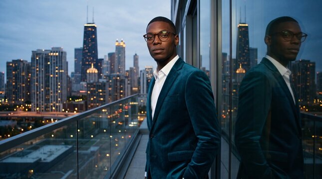 Businessman in Teal Blazer Against City Skyline