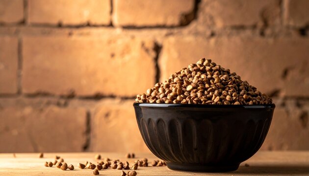 Raw horse gram seeds heaped in a black bowl against a rustic brick wall background