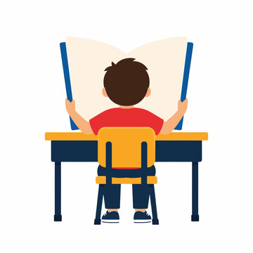 Child Sitting at Desk Reading Book Educational Scene.