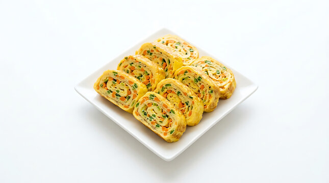 Authentic Korean Gyeran-mari, a traditional savory rolled omelet, beautifully sliced and presented on a minimalist square white ceramic plate. 