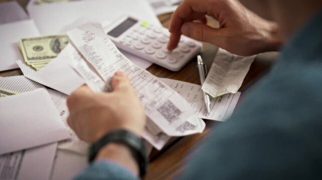 At a cluttered kitchen table, a man taps a calculator amid checks and cash-filled envelopes, meticulously crunching numbers to track household expenses for the month, underscoring careful budgeting