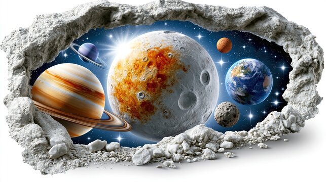 Irregular broken stone hole frame reveals view of multiple different planets in outer starry space, creative cosmic astronomy art design