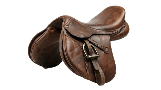 A brown leather saddle with a buckle and strap on a white background isolated on a transparent background