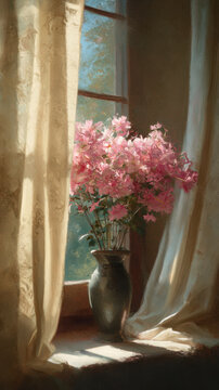 Painting of pink flowers in vase on a sunlit windowsill. Soft sunlight seeping through old window glass.