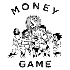 Fototapeta premium Capitalism money game concept with rugby players scrambling for giant dollar coin, economy competition illustration, transparent PNG