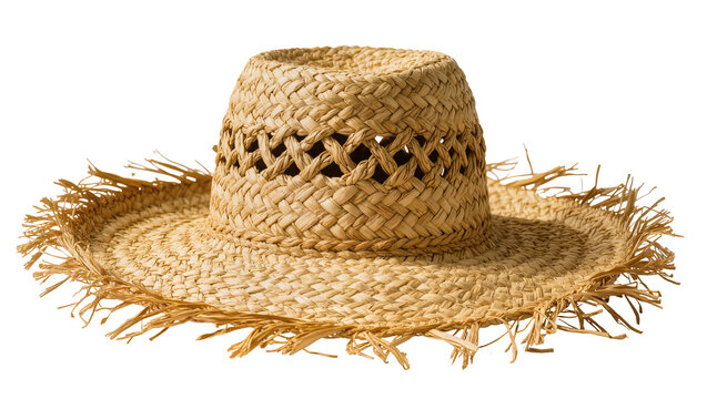 Woven straw hat with open weave crown and frayed brim