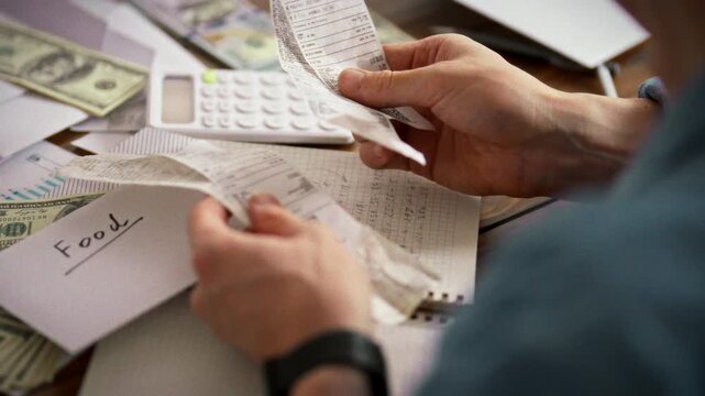 At a home office desk, a man conducts a financial analysis, reviewing checks and payments against dollar bills, using a calculator to plan a family budget and carefully monitor spending