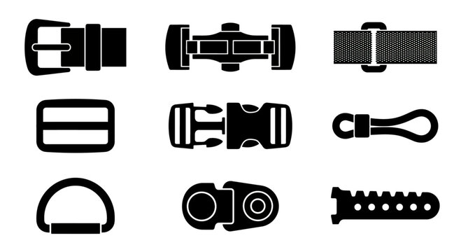 Belt buckles and plastic hardware clip icons.