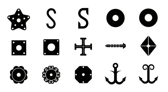 Decorative geometric and nautical silhouette icons.