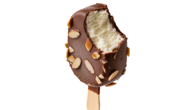 Chocolate covered ice cream bar with almonds and bite mark