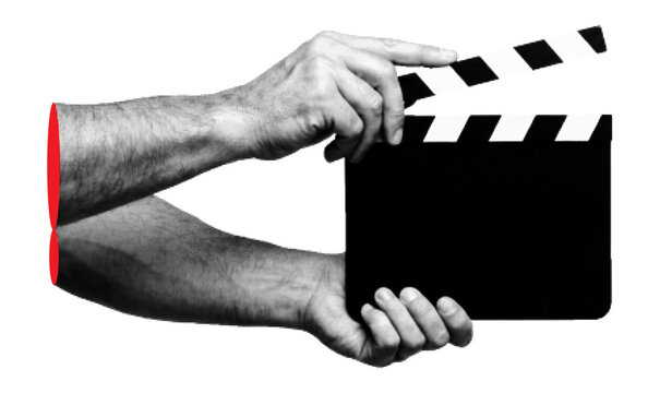 Halftone pop art hands holding clapperboard collage