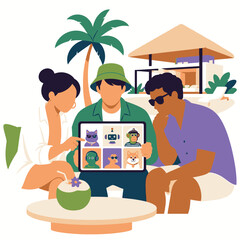 Fototapeta premium Group of friends having a video call on a tablet during a tropical vacation.