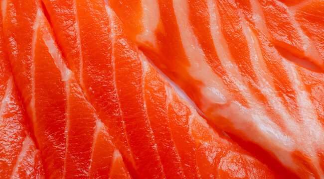 Fresh Raw Salmon Fillet Close-up Texture,Macro,A detailed close-up shot of fresh raw salmon fillet, showcasing the vibrant orange color and natural fat marbling texture of the high-quality fish meat.