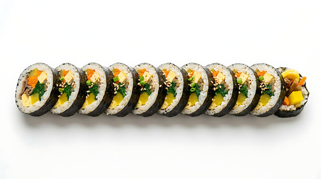 Authentic Korean Kimbap (Gimbap) seaweed rice rolls, meticulously sliced and arranged in a perfect horizontal line.