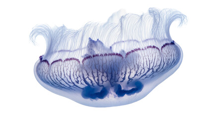 Translucent blue jellyfish with delicate tentacles and purple fringe © Ari