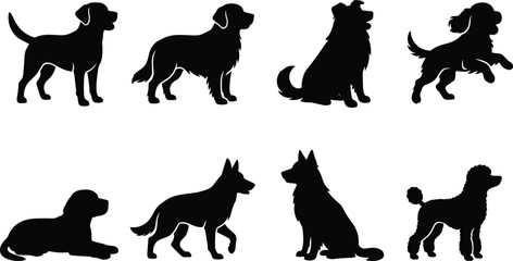 Obraz premium Black dog silhouettes in diverse poses including standing, sitting, lying, and jumping breeds for creative design and artwork use
