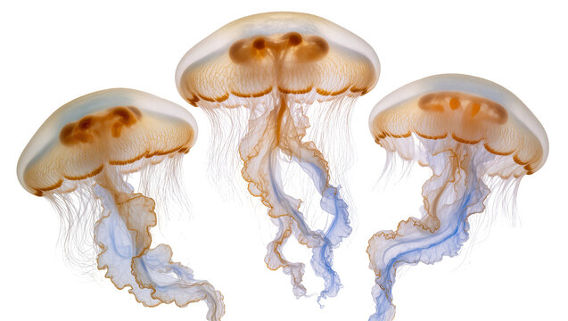 Three translucent jellyfish with orange and blue tentacles floating