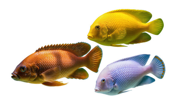 Three colorful tilapia fish orange yellow and blue, swimming