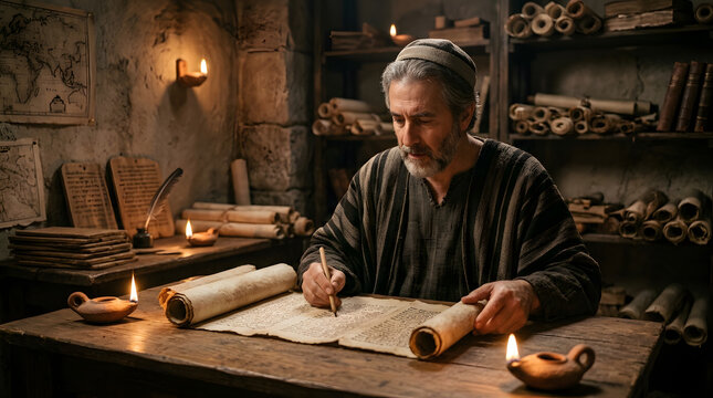 An ancient scribe writing on a parchment scroll by candlelight in a study