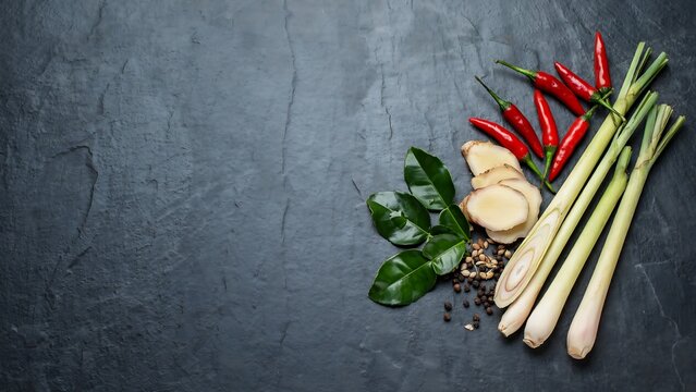 Thai tom yum soup ingredients on dark background