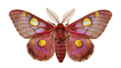 Fuzzy pink moth with yellow eye spots on wings © Ari