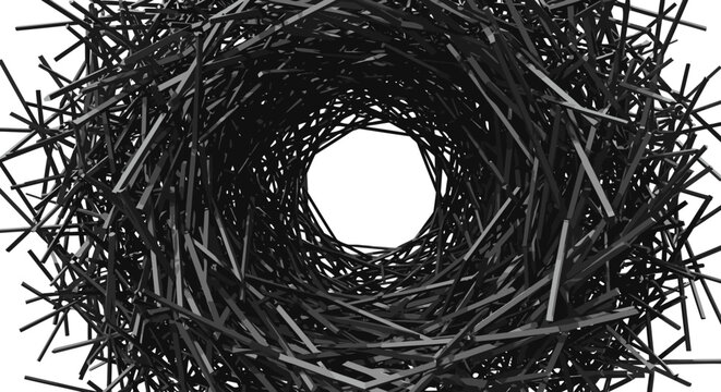 An intricate abstract structure formed by countless dark, intersecting lines creates a captivating geometric pattern with a central white void.