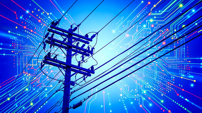 Blue circuit board with glowing power lines and utility pole