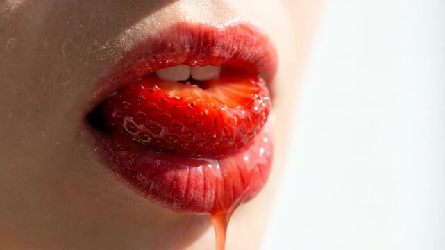 Intimate close up of ripe strawberries and beautiful lips glistening with fresh juice