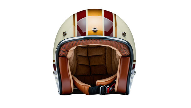 Retro motorcycle helmet with cream red, and gold stripes