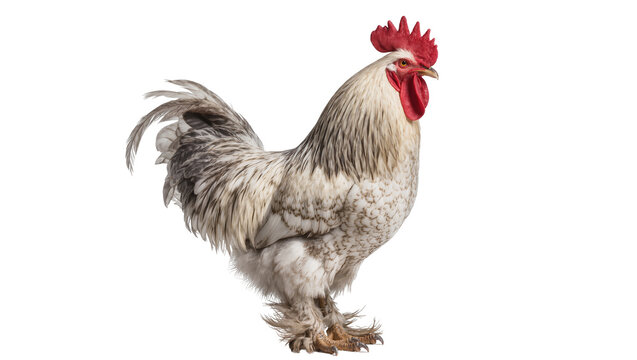 Brahma rooster with fluffy feathered legs and red comb