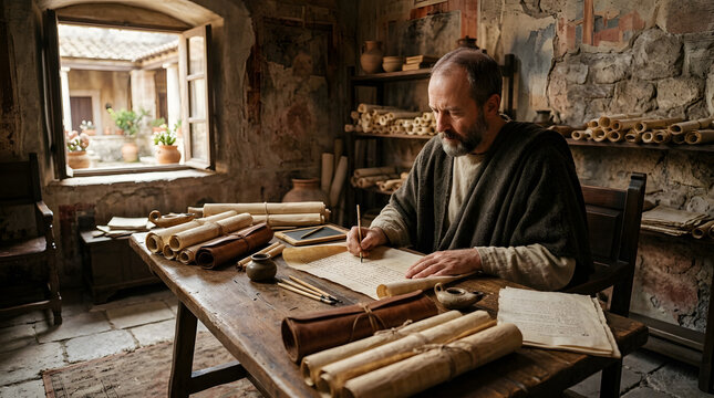 Ancient roman author working on a manuscript in a stone study