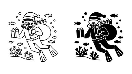Santa Claus Scuba Diving with Gifts: An illustration depicts Santa Claus dressed in scuba gear, complete with a diving mask and flippers. © Hussain