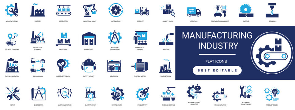 Manufacturing industry solid icon set featuring factory, production, industrial machinery, automation, engineering, and equipment. Editable vector illustration collection.