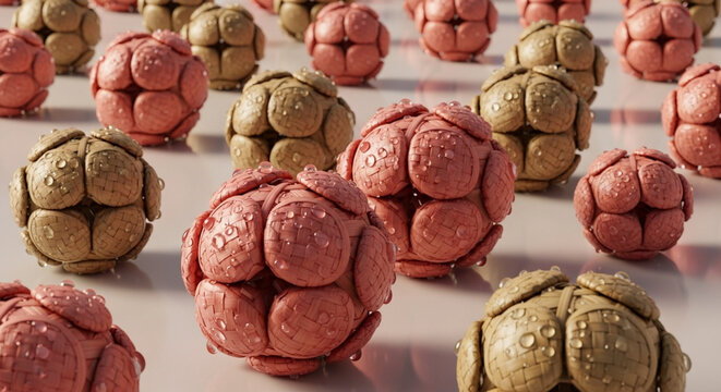 Colorful spherical objects arranged in a grid pattern on a surface.