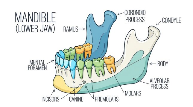 Detailed human mandible anatomy displaying body, ramus, and various teeth types.