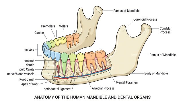 Diagram of human mandible and dental organs showing detailed anatomy of lower jawbone and teeth.