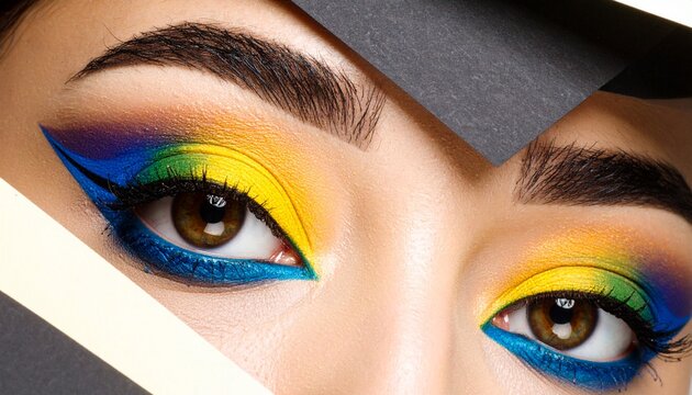 Extreme close-up of rainbow eyeshadow makeup and winged eyeliner with eyeshadow