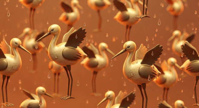 Flock of elegant white storks in natural habitat.