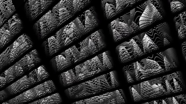 Textured monochrome blocks arranged in diagonal rows form an abstract animated pattern. Fine contour lines and deep black spacing create a layered geometric composition with slow movement.