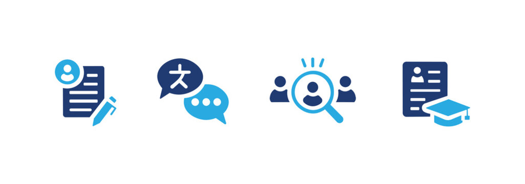 Resume Icon Set, Contains resume editing, languages, recruitment, and education icons. Solid icon illustration pack.
