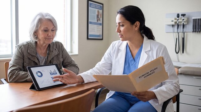 Doctor explains clinical study consent documents to senior patient in medical consultation room