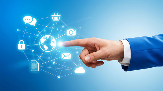 Hand touching digital representing global connectivity